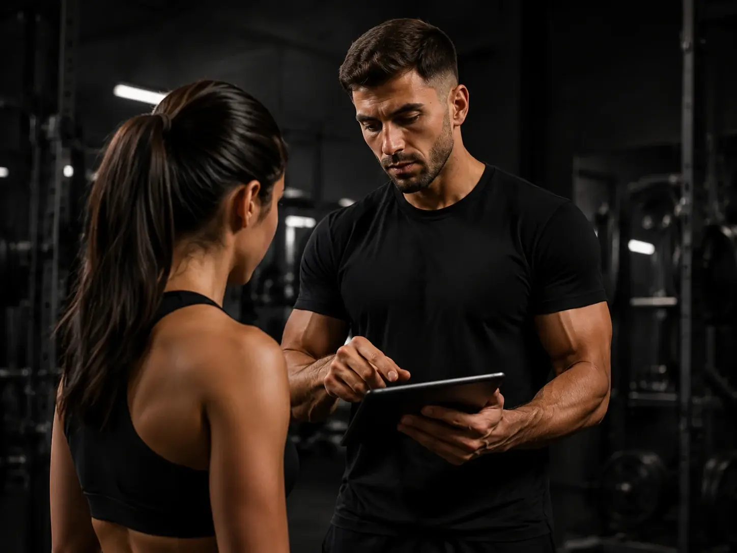 Elouan, coach sportif, explique un programme d'entraînement à une cliente en salle
