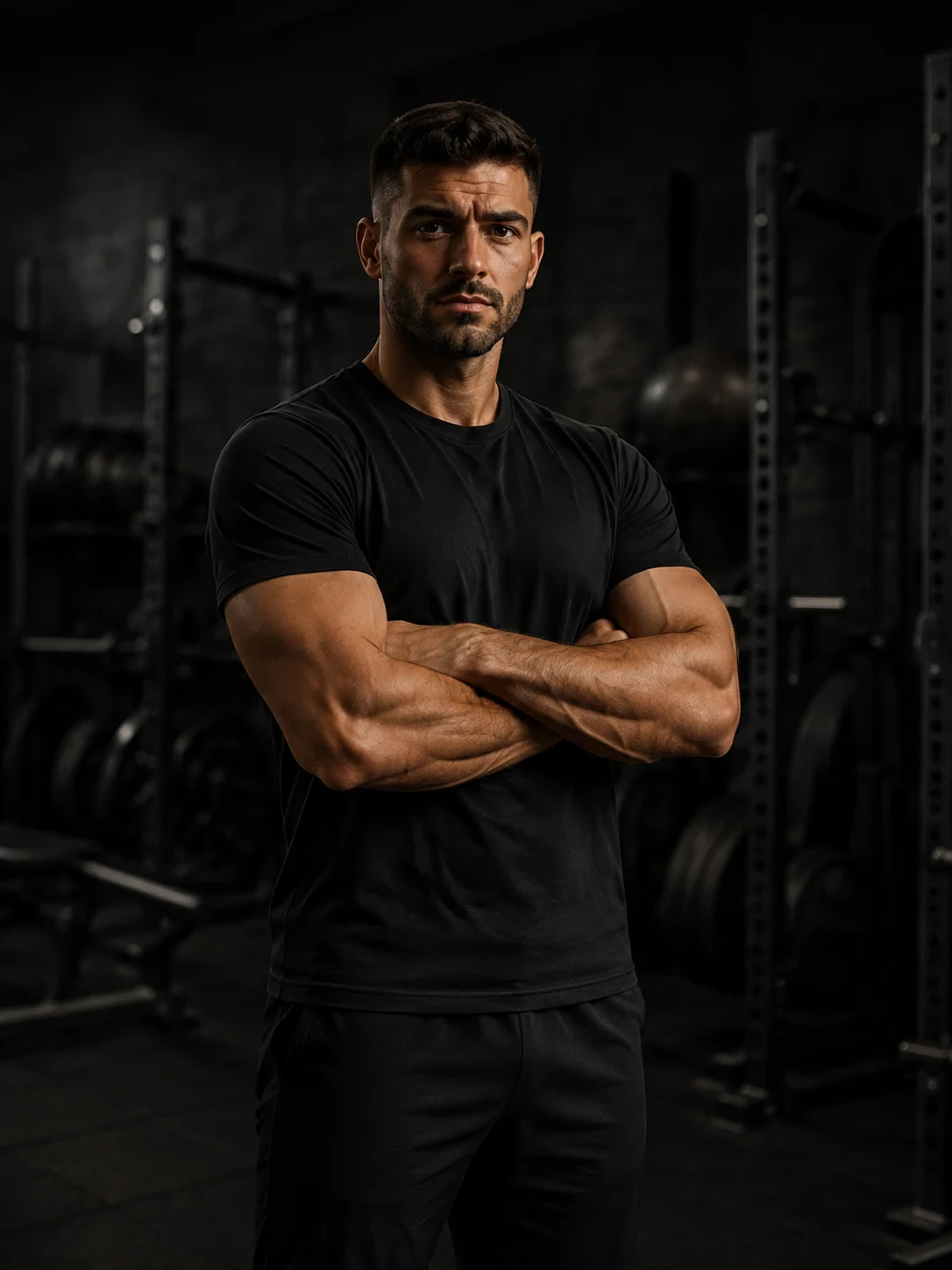Elouan, coach sportif, bras croisés dans sa salle d’entraînement